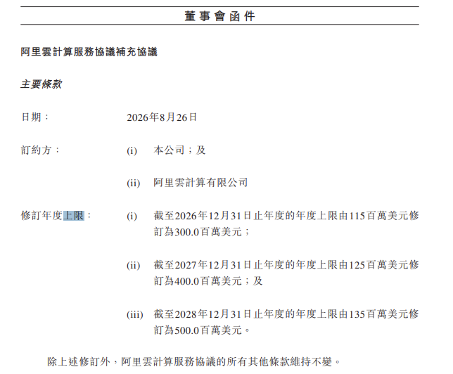 MINIMAX：修订阿里云计算服务协议项下持续关连交易的年度上限