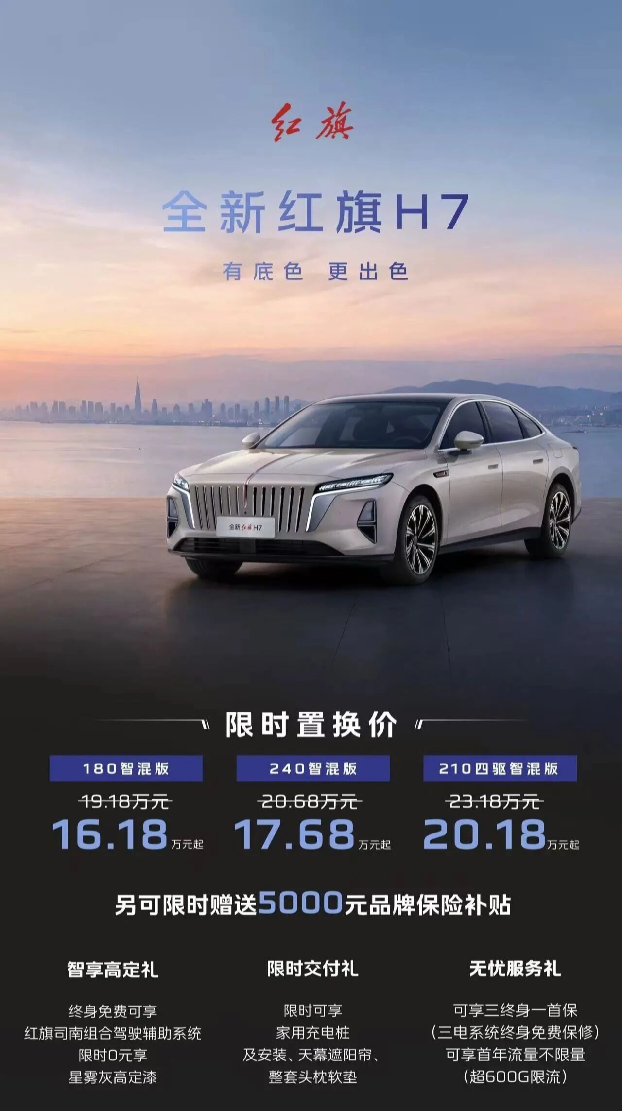 全新一汽红旗 H7 将于 9 月 16 日上市，限时置换价 16.18 万元-20.18 万元