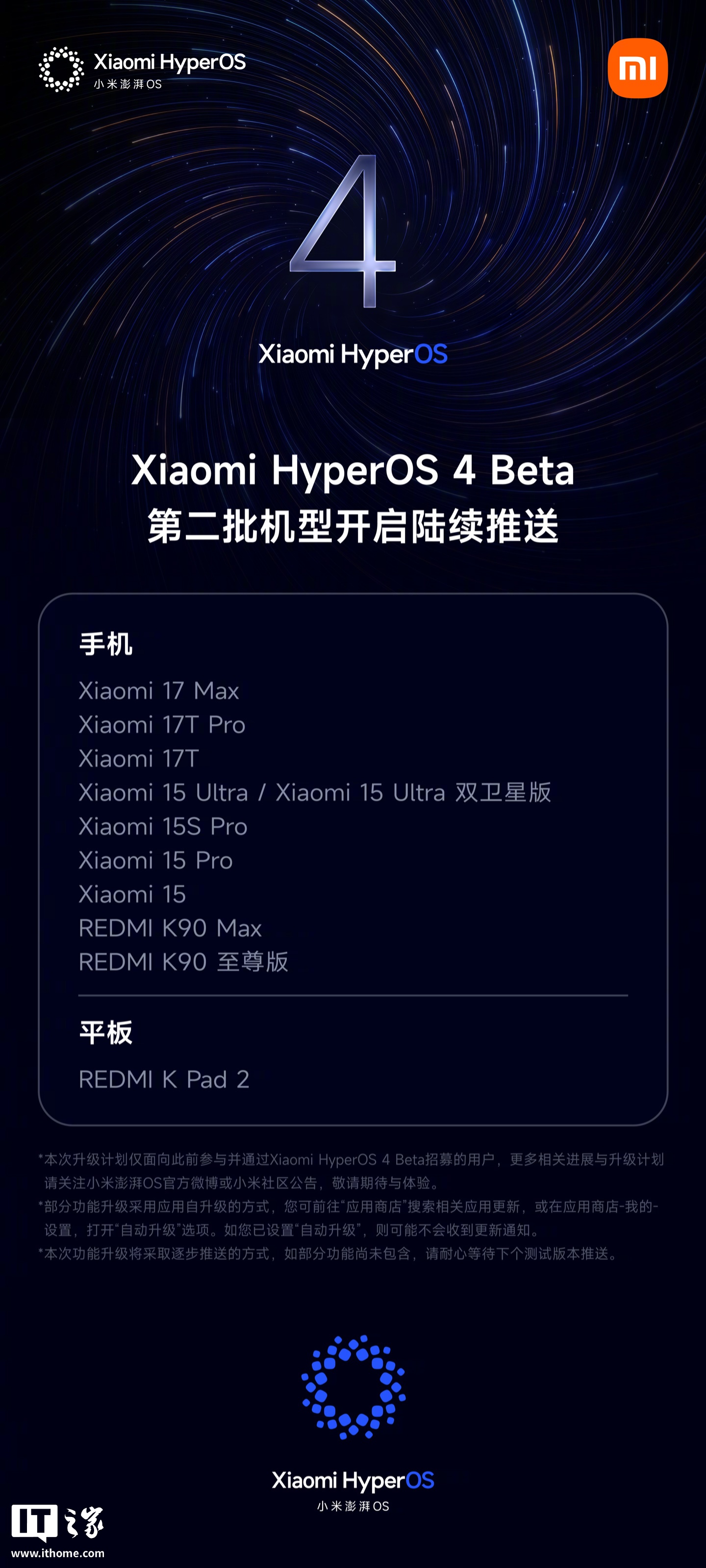 （更新：删除 Xiaomi MIX Flip 2）小米澎湃 HyperOS 4 Beta 版即日起开启新一批推送，覆盖 Xiaomi 17 Max、15 Ultra 等机型