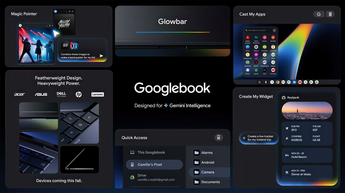 宏碁、华硕和联想 Googlebook 笔记本渲染图曝光：配彩色 Glowbar 灯带