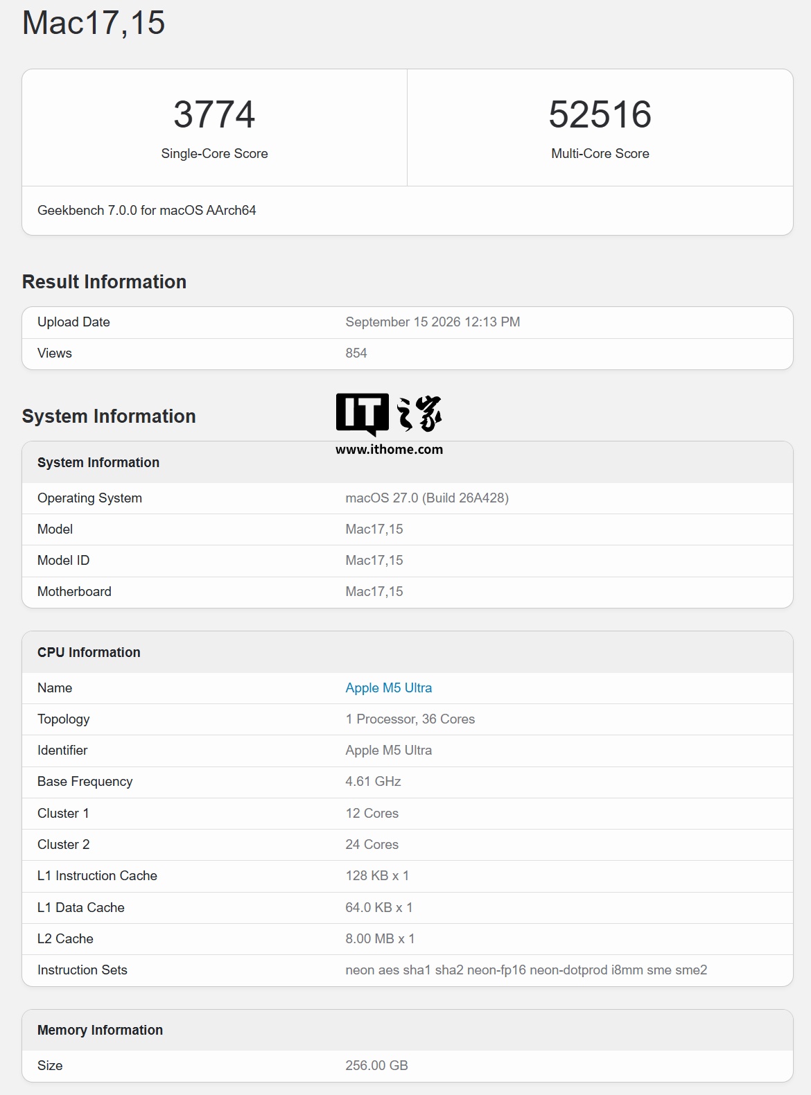 苹果 M5 Ultra 款 Mac Studio 跑分曝光：单核较 M3 Ultra 款高约 29%、多核高约 34%