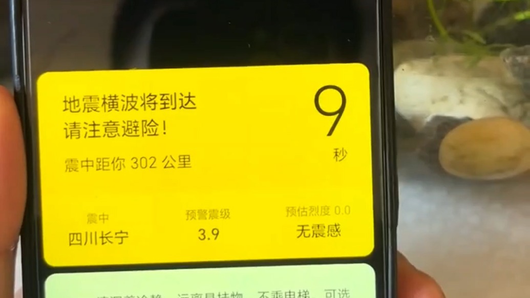 四川南充市民讲述收到“7.7级地震预警”：正要下楼时预警变为3.9级，鱼缸中的水轻微晃动
