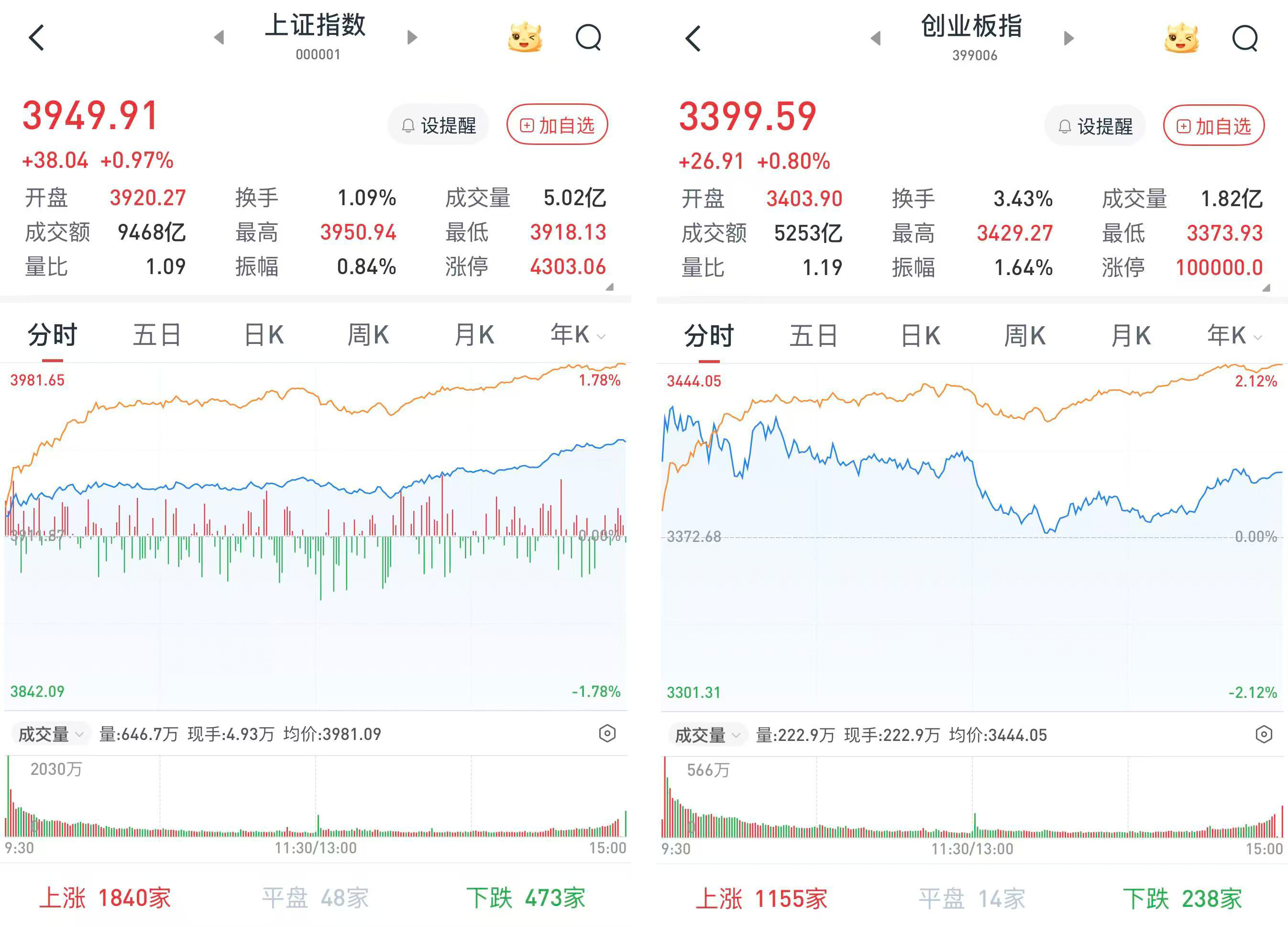 沪指涨0.97%，创指涨0.8%：地产携手医药领涨，超4500股飘红