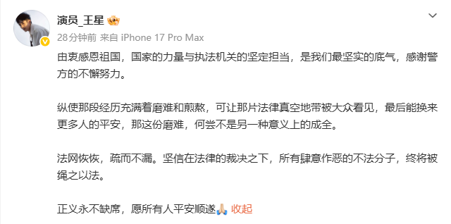 演员王星：感恩祖国，感谢警方的不懈努力