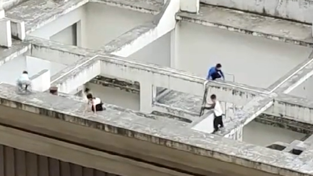 惊险！儿童拿梯子爬上顶楼天台玩耍，安徽铜陵一业主发现后通知物业