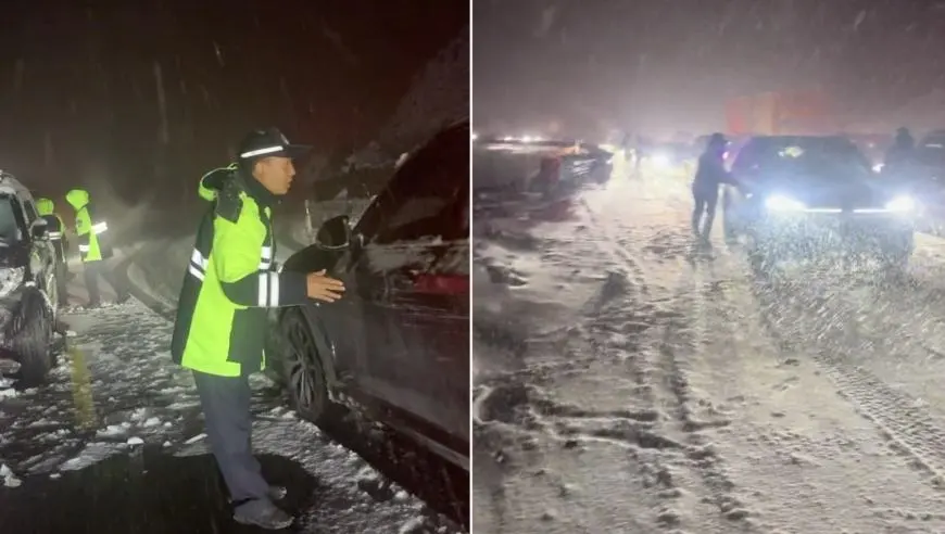 “雪大，一定慢点”，国道318折多山路段大雪纷飞，民警连夜疏导车辆