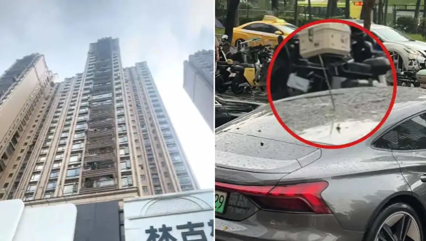 广州一地铁站附近“空降”餐刀，一把直插车顶，一把差点击中外卖小哥