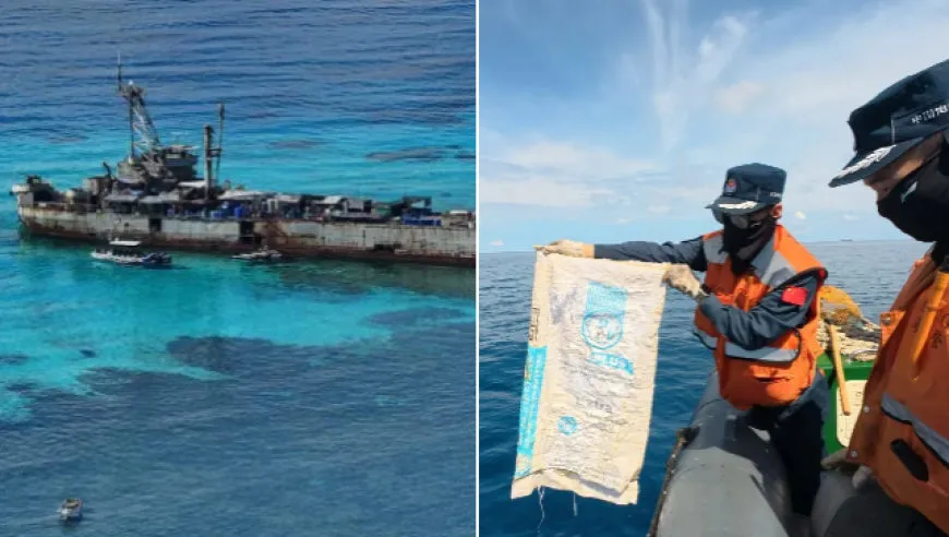 菲律宾非法“坐滩”船只周边海域出现大量垃圾 中国海警组织打捞
