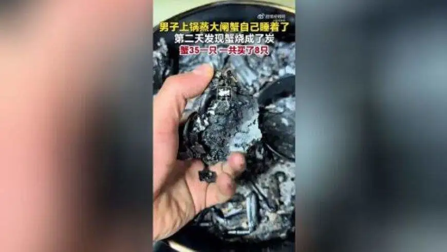 江苏一男子蒸大闸蟹结果睡过头，一觉醒来8只大闸蟹已烧成炭：晚上8点上锅蒸，结果一觉睡到了第二天早上9点，油烟机自动强吸，没闻到味道