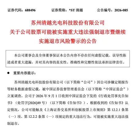 IPO 阶段便系统性财务造假 *ST清越收到重罚事先告知书
