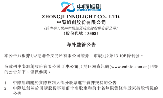 中际旭创(03308)实控人，质押部分股票