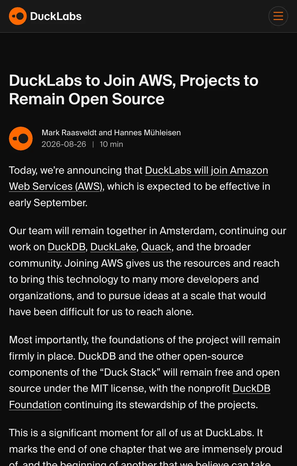 AWS 收购 DuckLabs：数据库界的“MIT 许可保卫战”