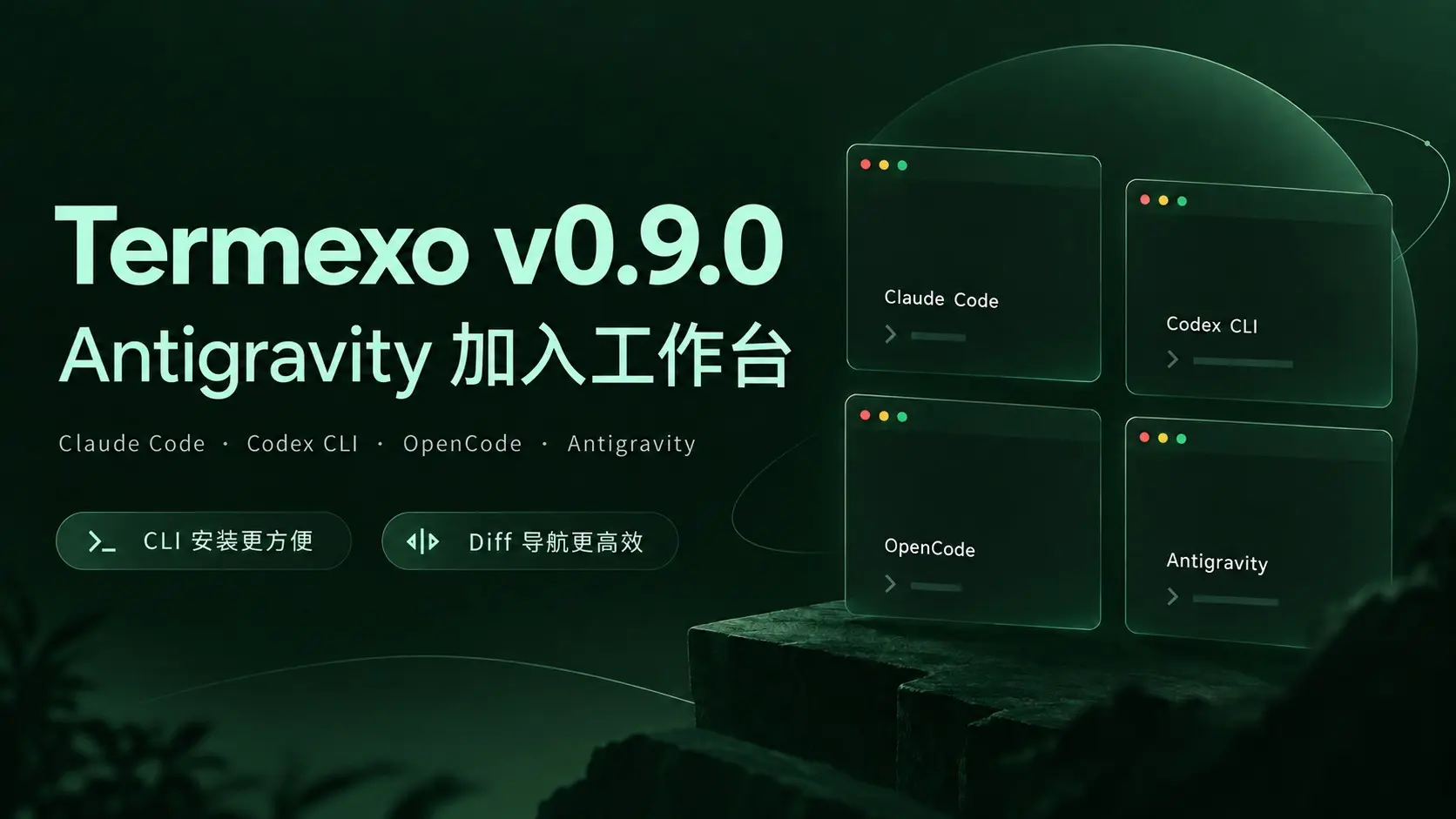 Termexo v0.9.0：Antigravity 加入工作台，CLI 安装与 Diff 导航升级