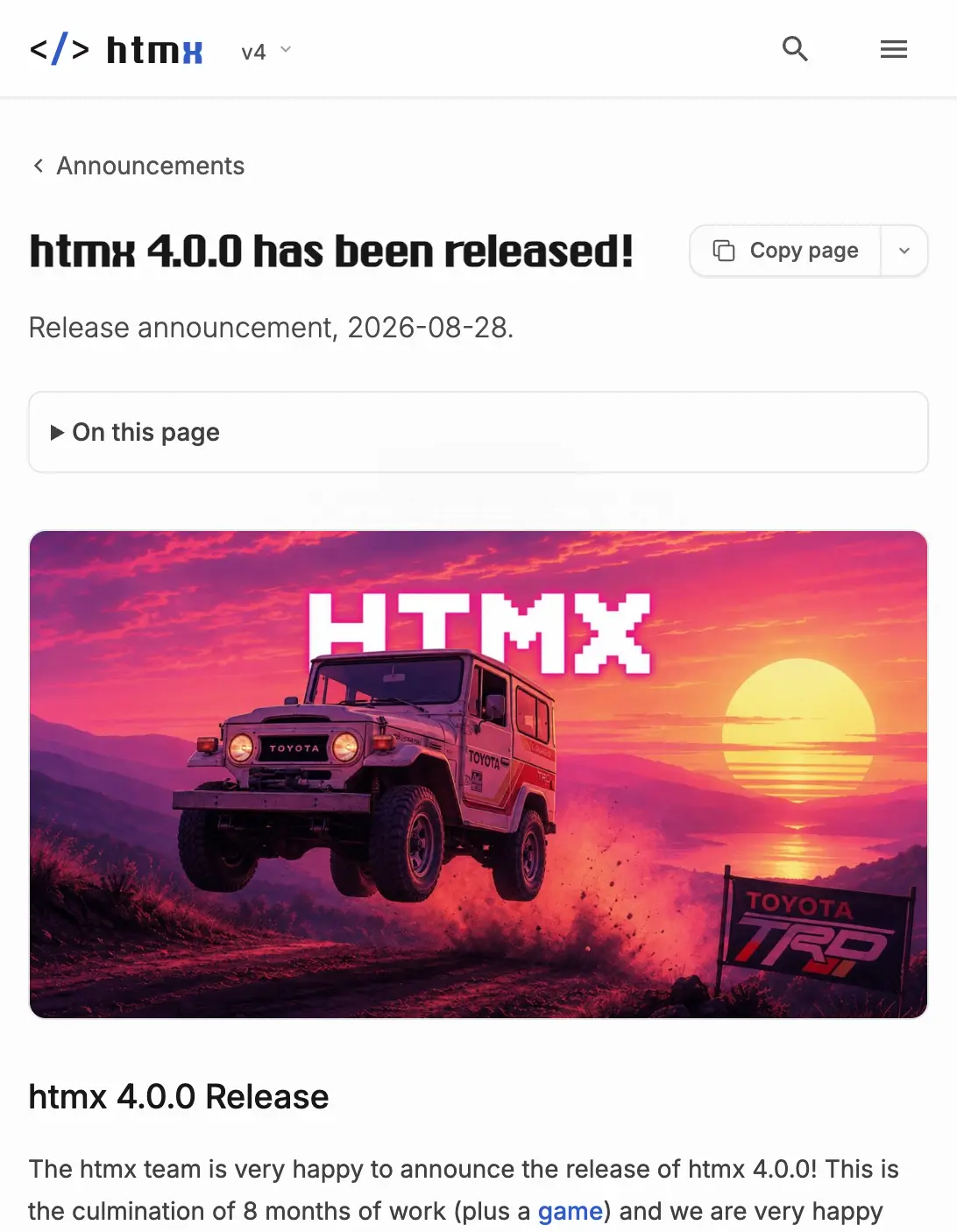 htmx 4.0 正式发布，版本号直接从 2.x 跳到了 4.0
